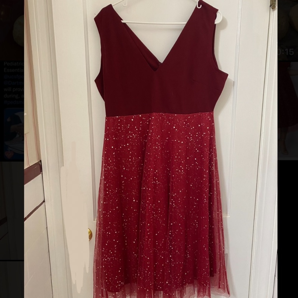 Plus size V neck glitter dress burgundy red dress 1XL